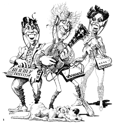 maybe the dog is the drummer Three people enjoying the instruments