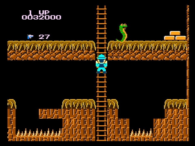 Super Pitfall gameplay. While Harry climbs a ladder, a side of glitched tiles is on the right
