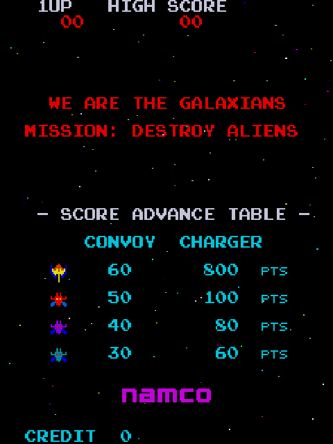 Galaxian's famous WE ARE THE GALAXIANS screen