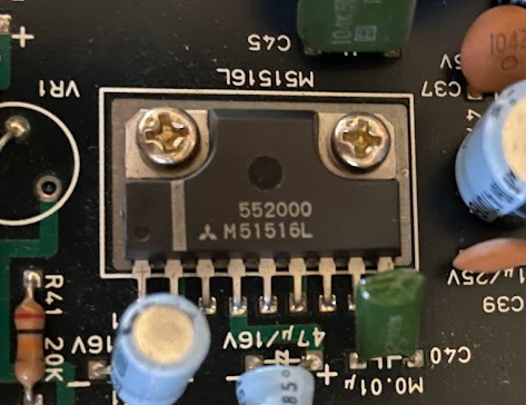 Athena circuitboard  showing a sound amplifier chip. It is screwed into the board, which it uses as a heatsink.