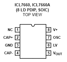 An 8-pin chip diagram. Pin 1 is NC, not connected. Pin 2 is CAP+. Pin 3 is GND, Ground. Pin 4 is CAP-. Pin 8 is V+. Pin 7 is OSC. Pin 6 is LV. Pin 5 is V output.