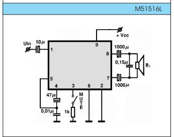 A diagram of a speaker built around the M5156L amplifier. There is no negative voltage