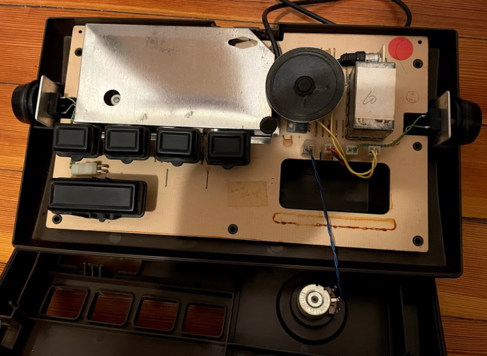 Inside of the pinball breakaway. There is a one-sided circuitboard, but all the interesting bits are behind an RF