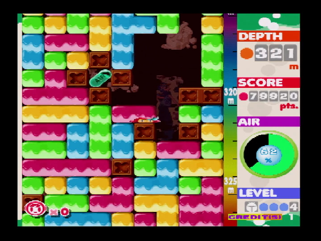 Mr. Driller gameplay, featuring a squashed susumu