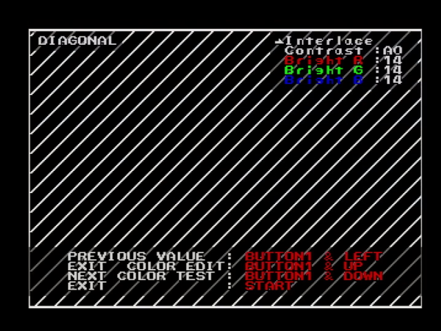 A settings screen showing diagonal lines for calibration, and the option for interlace