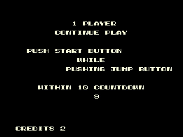 Pitfall II arcade continue screen. 1 PLAYER CONTINUE PLAY. PUSH START BUTTON WHILE PRESSING JUMP BUTTON WITHIN 10 COUNTDOWN