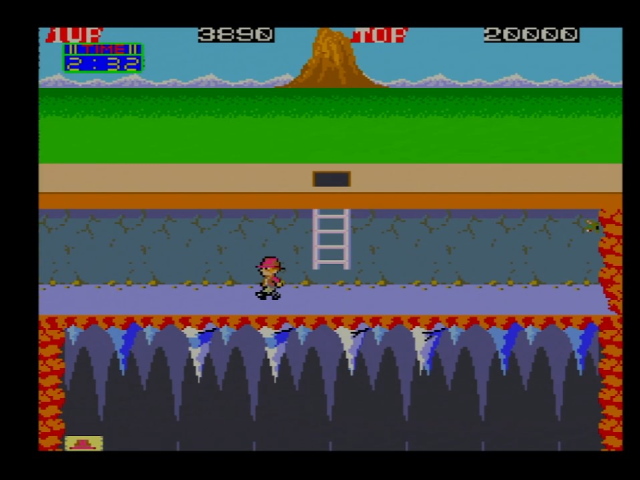 Pitfall II arcade gameplay. Pitfall Harry walks into a tunnel. Another tunnel is seen below