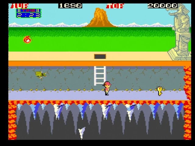Pitfall II arcade gameplay. Pitfall Harry walks into a tunnel. A key is in front of him