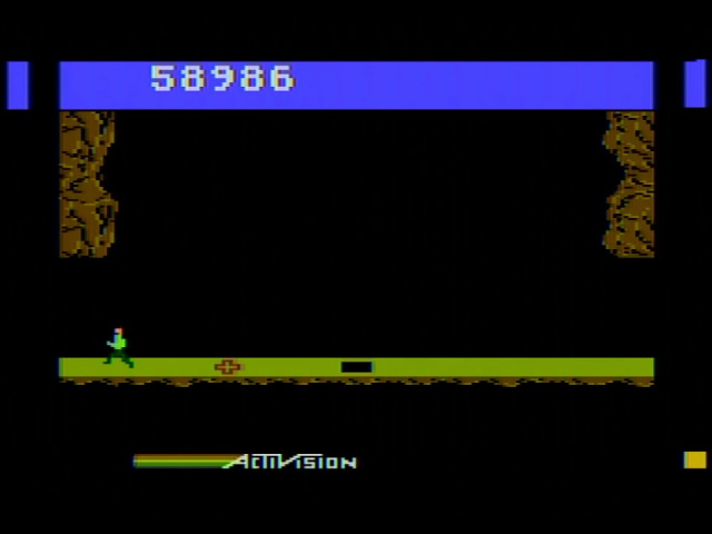 The Atari computer version of Pitfall II. Pitfall Harry runs past a checkpoint.