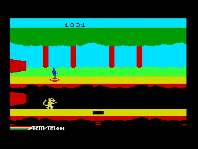 The MSX version of Pitfall II. Pitfall Harry stands on a plus. Quickclaw is in a cave below him.