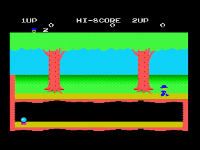 The SG-1000 version of Pitfall II. Pitfall Harry wears a bowler hat and stands above a room which is enclosed and contains a crystal ball