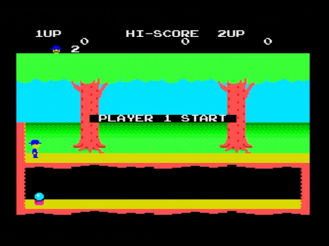 The SG-1000 version of Pitfall II. Pitfall Harry wears a bowler hat and stands above a room which is enclosed and contains a crystal ball