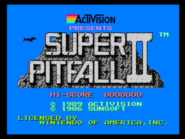 Super Pitfall II title screen. Copyright 1989 Activision 1986 Sunsoft