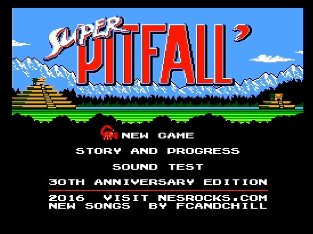 Super Pitfall 30th Anniversary Title screen.