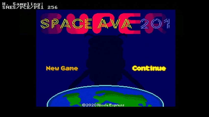 The title screen of Space Ava 201. It is very crisp pixel-wise.