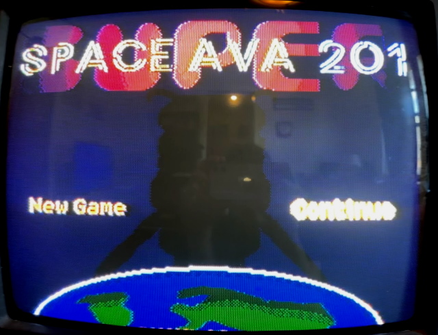 The title screen of Space Ava 201 running on a television.