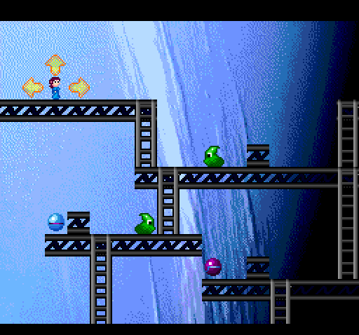 Gameplay on Neptune in Space Ava 201. A girder structure is on top of a pixelated shot of the planet