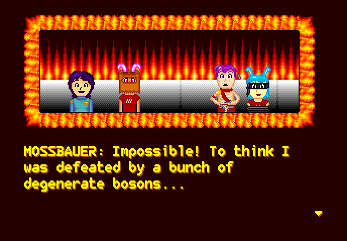 A dialogue screen of Space Ava 201. Ava, accompanied by a bunnygirl wearing a paper bag on her head, is pleased, while a half naked man who has a tied-up bunnygirl is sad. He spills a platter of tea. The text says MOSSBAUER: Impossible! To think I was defeated by a bunch of degenerate bosons...
