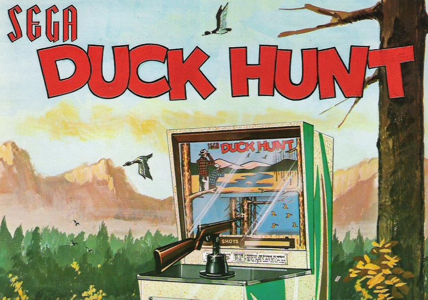 Sega Duck Hunt flyer, showing an arcade machine with mounted guns