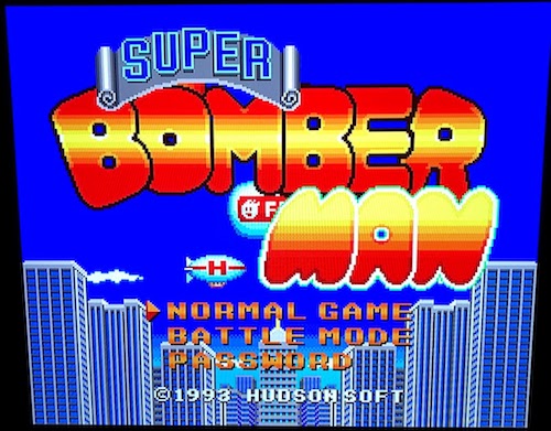 The title screen of Super Bomberman