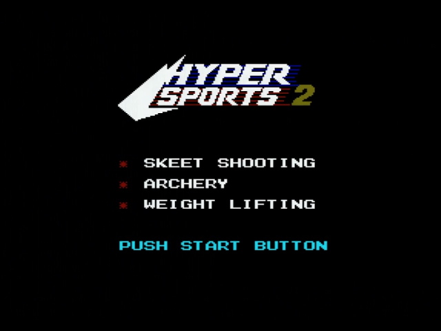 Hyper Sports 2 title screen, with a logo, and list of events