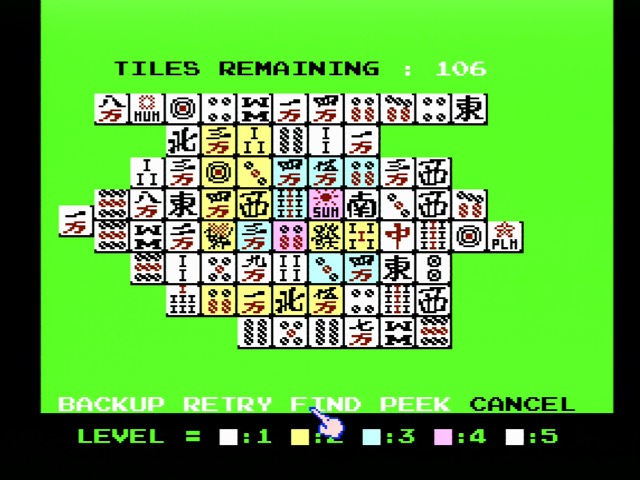 my wife calls this cheating Shanghai on Famicom, options menu: BACKUP, RETRY, FIND, PEEK