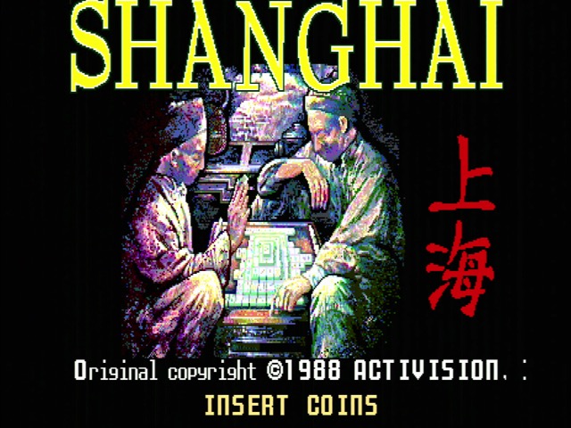 pictured: the only thing anyone ever does in shanghai, or so activision WANTS you to believe Shanghai title screen, showing two Chinese men looking at the tile structure