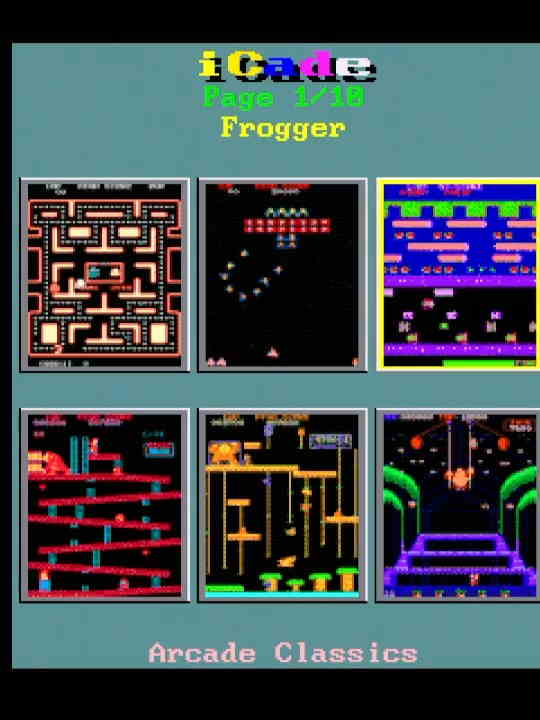 A pale blue-green background with a bunch of arcade screenshots