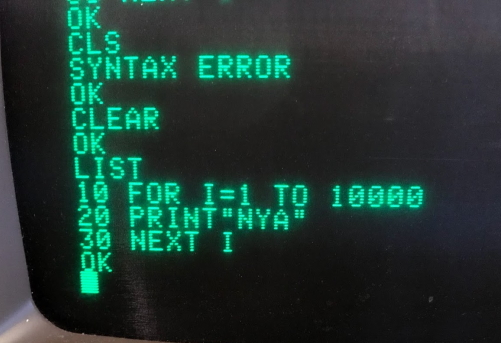 A simple BASIC program which prints 'NYA' 10,000 times