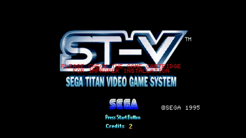 Sega ST-V cartridge error screen, showing a console logo animation with 'PLEASE CHECK THE GAME CARTRIDGE FOR IMPROPER INSTALLATION' blinking over it in red