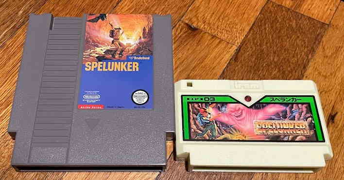Side by side cartridges of Spelunker, the Famicom has an LED on it