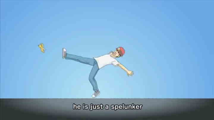 Spelunker is a Teacher anime opening. The text 'He is just a spelunker' as Spelunker-sensei slips on a banana peel