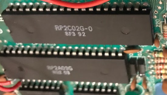 A Famicom circuit board, showing the two main chips.