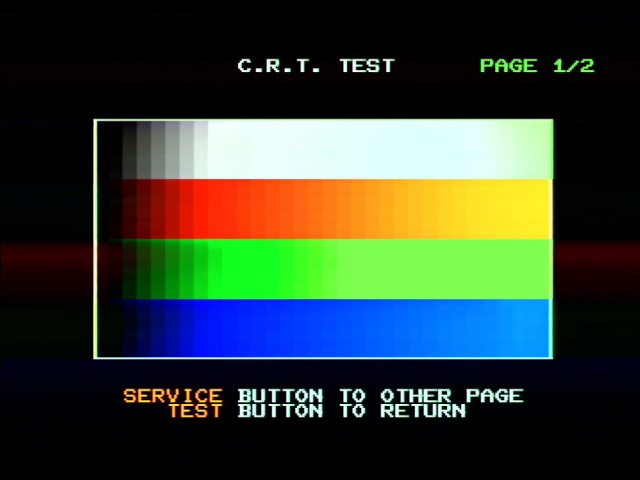 A CRT test screen. The colors are washed out and far too bright. A red line across the lower part of the screen