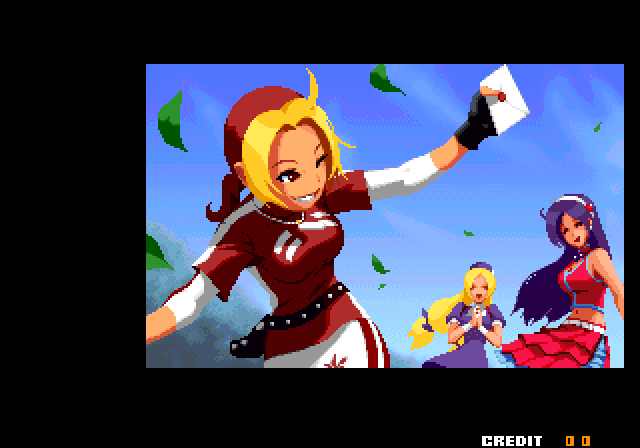 King of Fighters 2003 intro showing the High School Girls Team. It is an emulator screenshot with crisp pictures