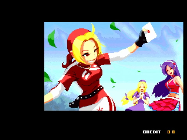 King of Fighters 2003 intro showing the High School Girls Team. Colors are far too bright