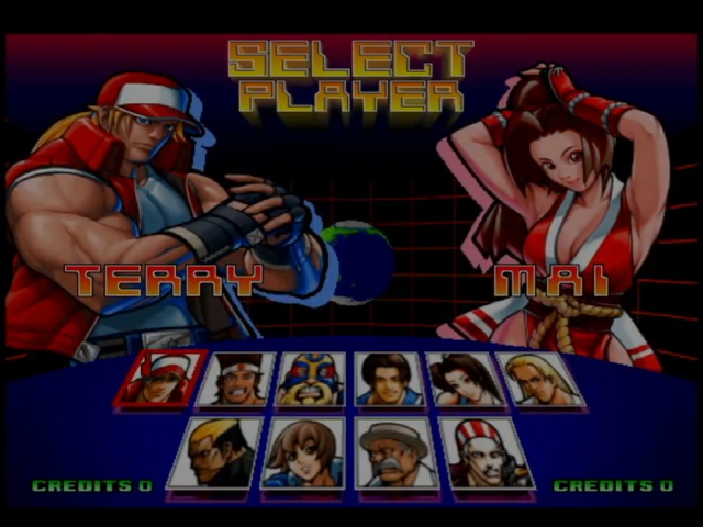 An overly dark image of Terry vs. Mai on the character select screen