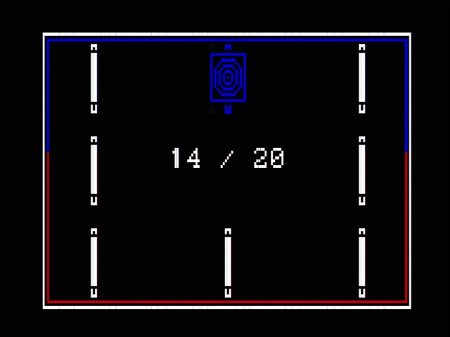 Target Panic gameplay. The screen is blue in the top half and red below