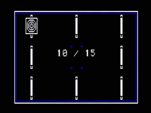 Target Panic gameplay. Eight targets, one of which rotates to face the player.