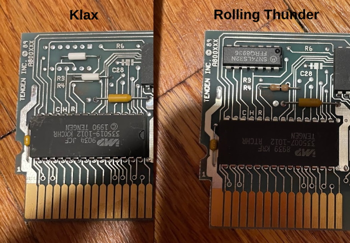 Klax and Rolling Thunder compared. There is an extra logic chip