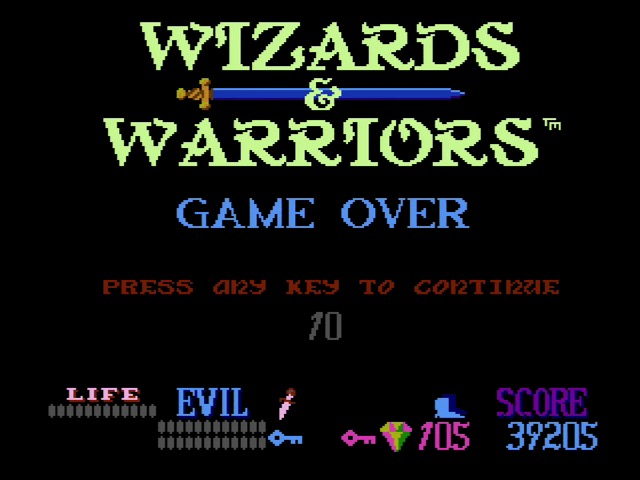 Wizards and Warriors: Game Over. Press any key to continue.