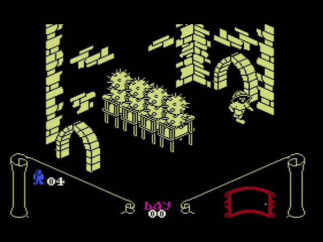 Knight Lore gameplay on MSX, monochrome