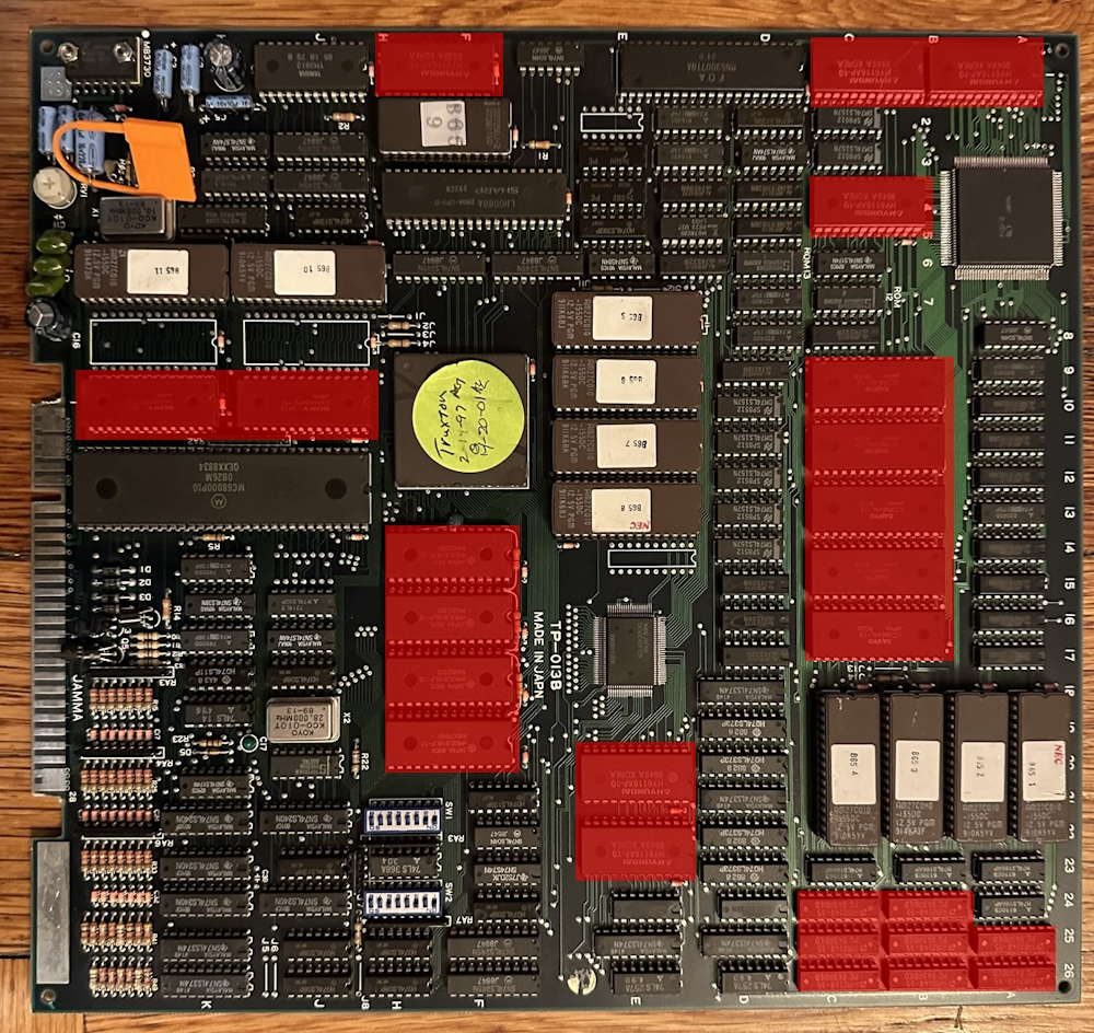 Toaplan V1 board with RAM labeled