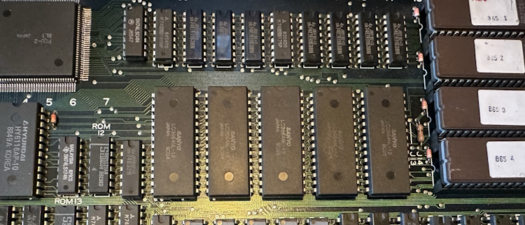 Truxton circuitboard, showing five Sanyo RAM chips