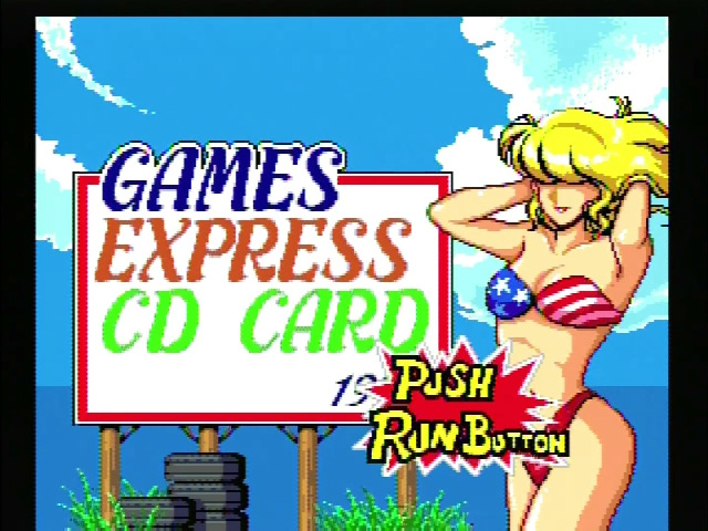 Games Express system card, with a girl in an American flag bikini