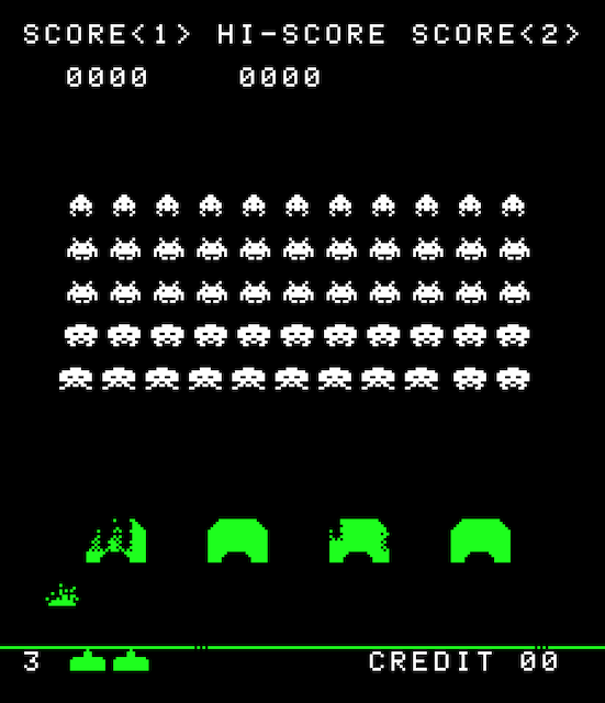 Space Invaders gameplay. The player has died and all space invaders are still present