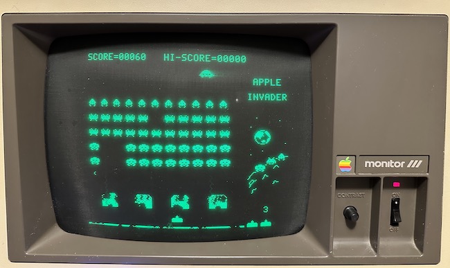 Super Invaders running on an Apple II with a Monitor III