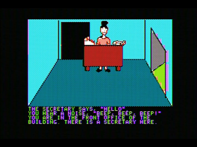A secretary sits at a desk. The game is a text adventure with a prompt at the bottom of the screen.