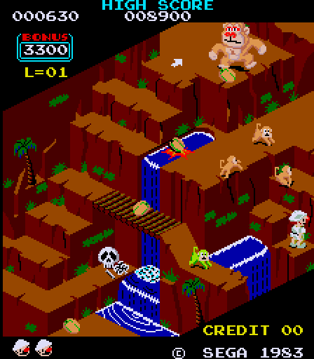 Congo Bongo gameplay. An explorer climbs a mountain to get back at an ape on the top of the screen