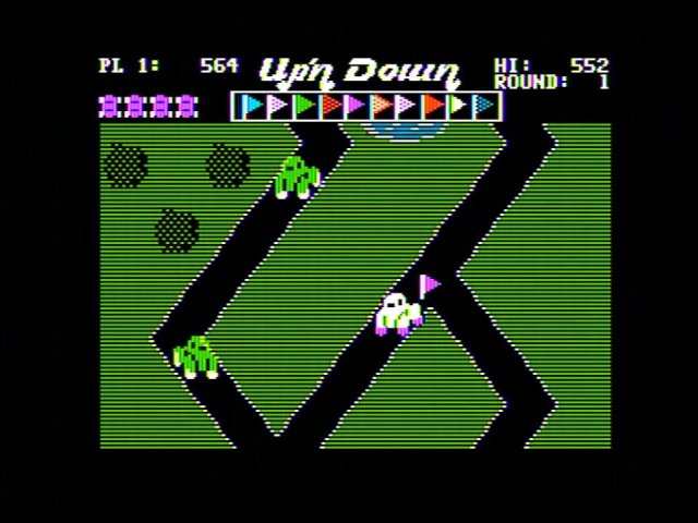 Up n Down gameplay. The roads are diagonal but the game is not skewed like Zaxxon. Also, it's on an Apple II for some reason